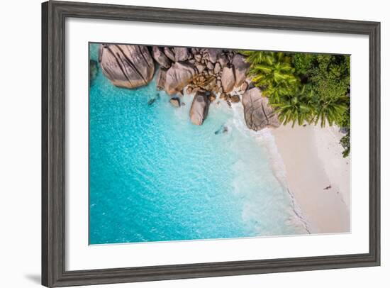 Tropical Beach with Sea and Palm Taken from Drone. Seychelles Famous Shark Beach - Aerial Photo-IM_photo-Framed Photographic Print