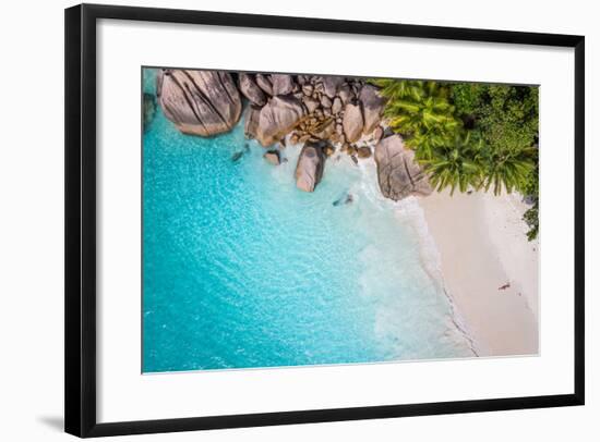 Tropical Beach with Sea and Palm Taken from Drone. Seychelles Famous Shark Beach - Aerial Photo-IM_photo-Framed Photographic Print