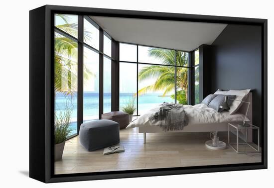 Tropical Bedroom Interior with Double Bed and Seascape View-PlusONE-Framed Premier Image Canvas