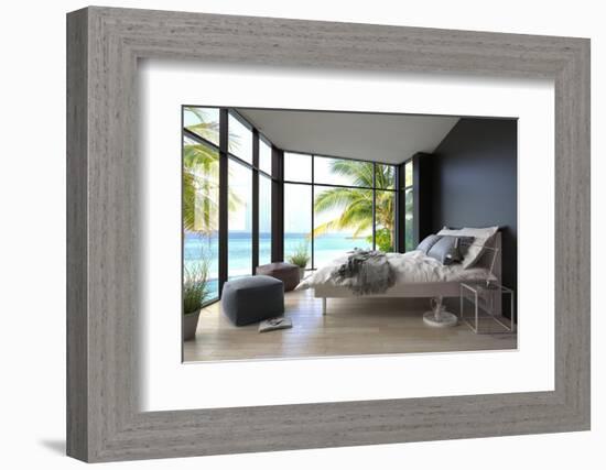 Tropical Bedroom Interior with Double Bed and Seascape View-PlusONE-Framed Photographic Print