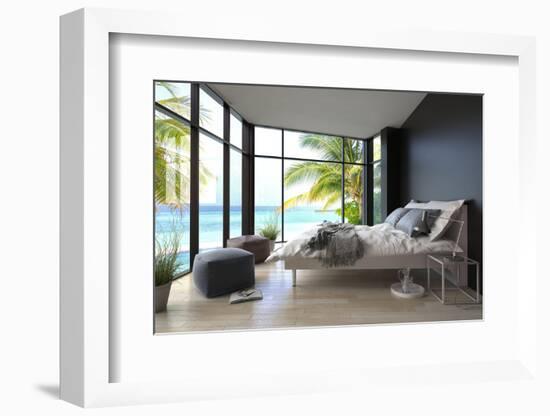 Tropical Bedroom Interior with Double Bed and Seascape View-PlusONE-Framed Photographic Print