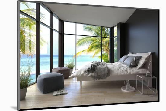 Tropical Bedroom Interior with Double Bed and Seascape View-PlusONE-Mounted Photographic Print