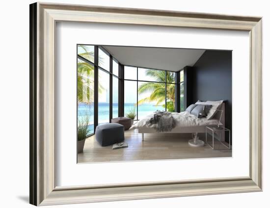 Tropical Bedroom Interior with Double Bed and Seascape View-PlusONE-Framed Photographic Print