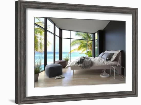 Tropical Bedroom Interior with Double Bed and Seascape View-PlusONE-Framed Photographic Print