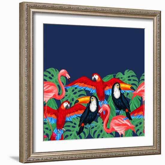 Tropical Birds Seamless Pattern with Palm Leaves-incomible-Framed Art Print