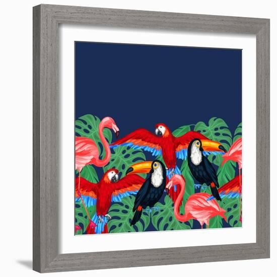 Tropical Birds Seamless Pattern with Palm Leaves-incomible-Framed Art Print