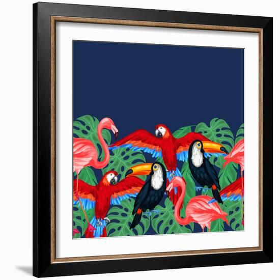 Tropical Birds Seamless Pattern with Palm Leaves-incomible-Framed Art Print