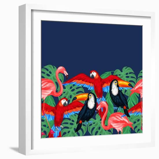 Tropical Birds Seamless Pattern with Palm Leaves-incomible-Framed Art Print