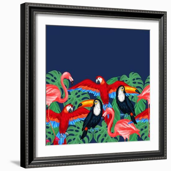 Tropical Birds Seamless Pattern with Palm Leaves-incomible-Framed Art Print