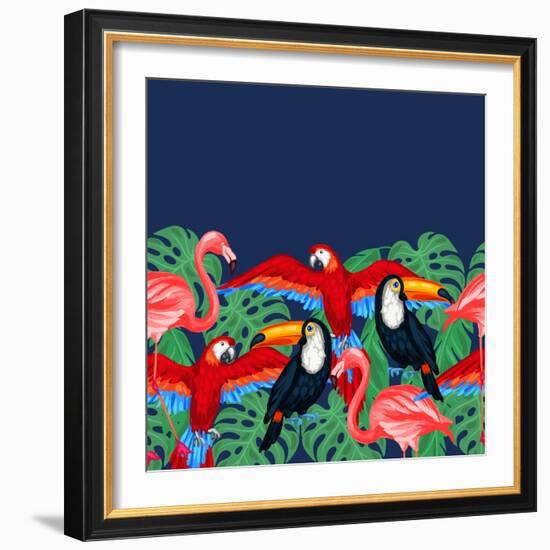 Tropical Birds Seamless Pattern with Palm Leaves-incomible-Framed Art Print