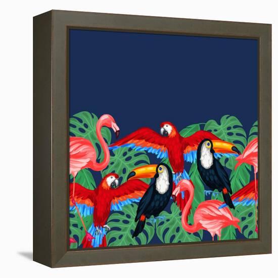 Tropical Birds Seamless Pattern with Palm Leaves-incomible-Framed Stretched Canvas