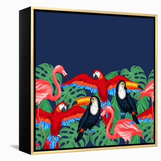 Tropical Birds Seamless Pattern with Palm Leaves-incomible-Framed Stretched Canvas