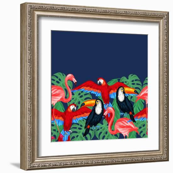 Tropical Birds Seamless Pattern with Palm Leaves-incomible-Framed Art Print