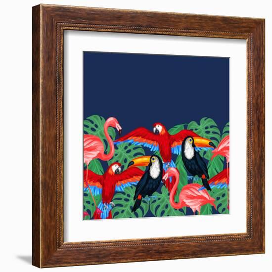 Tropical Birds Seamless Pattern with Palm Leaves-incomible-Framed Art Print