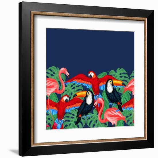 Tropical Birds Seamless Pattern with Palm Leaves-incomible-Framed Art Print