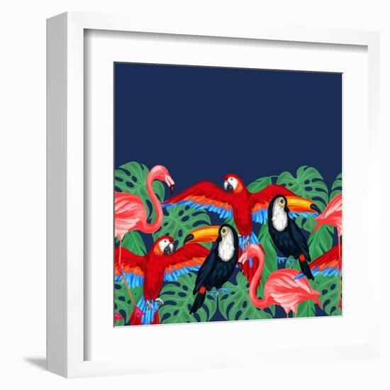 Tropical Birds Seamless Pattern with Palm Leaves-incomible-Framed Art Print