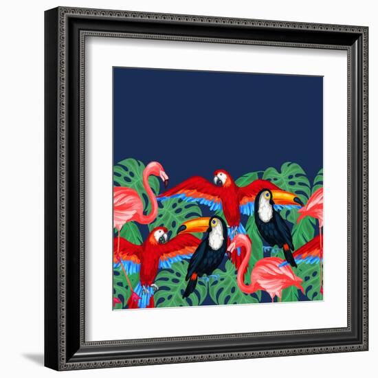 Tropical Birds Seamless Pattern with Palm Leaves-incomible-Framed Art Print