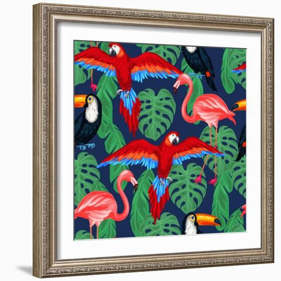 Tropical Birds Seamless Pattern with Palm Leaves-incomible-Framed Art Print