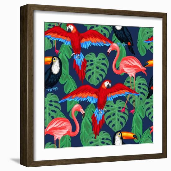 Tropical Birds Seamless Pattern with Palm Leaves-incomible-Framed Art Print