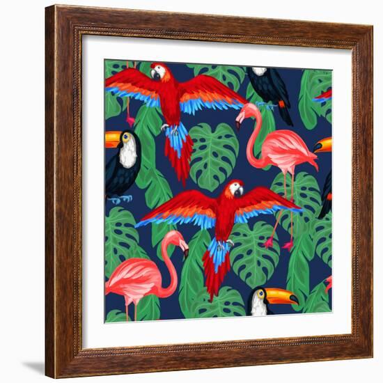Tropical Birds Seamless Pattern with Palm Leaves-incomible-Framed Art Print