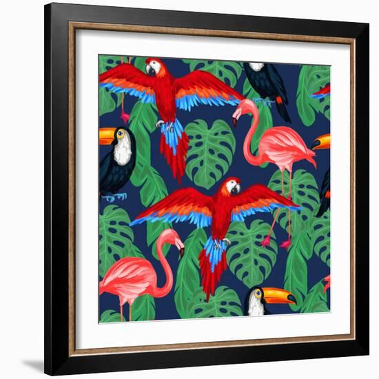 Tropical Birds Seamless Pattern with Palm Leaves-incomible-Framed Art Print