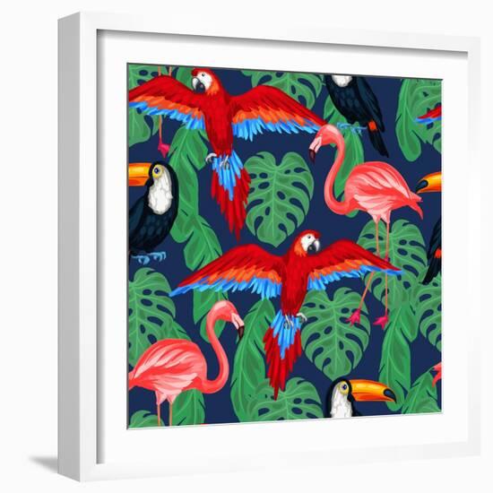 Tropical Birds Seamless Pattern with Palm Leaves-incomible-Framed Art Print