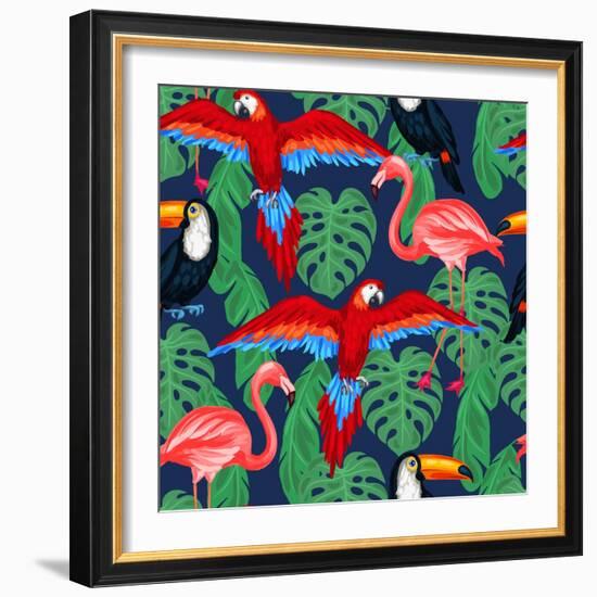 Tropical Birds Seamless Pattern with Palm Leaves-incomible-Framed Art Print