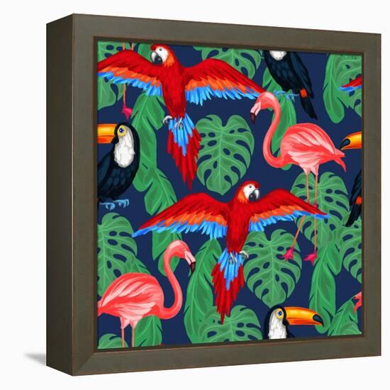 Tropical Birds Seamless Pattern with Palm Leaves-incomible-Framed Stretched Canvas