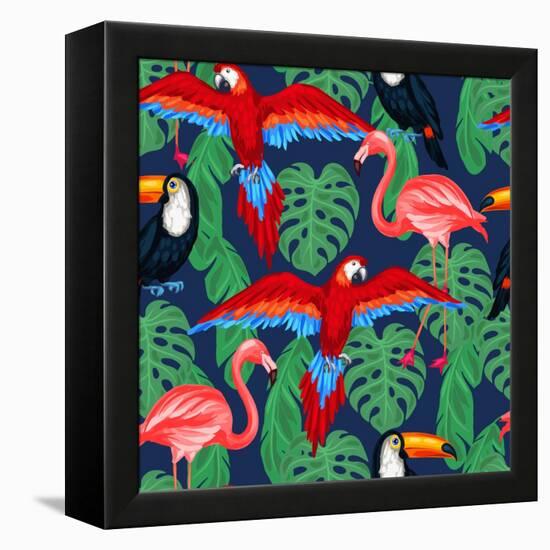 Tropical Birds Seamless Pattern with Palm Leaves-incomible-Framed Stretched Canvas