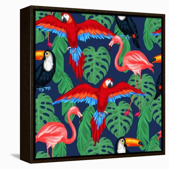 Tropical Birds Seamless Pattern with Palm Leaves-incomible-Framed Stretched Canvas