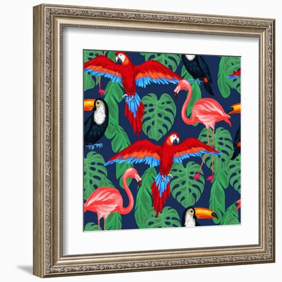 Tropical Birds Seamless Pattern with Palm Leaves-incomible-Framed Art Print