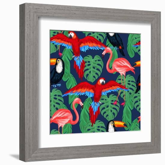 Tropical Birds Seamless Pattern with Palm Leaves-incomible-Framed Art Print