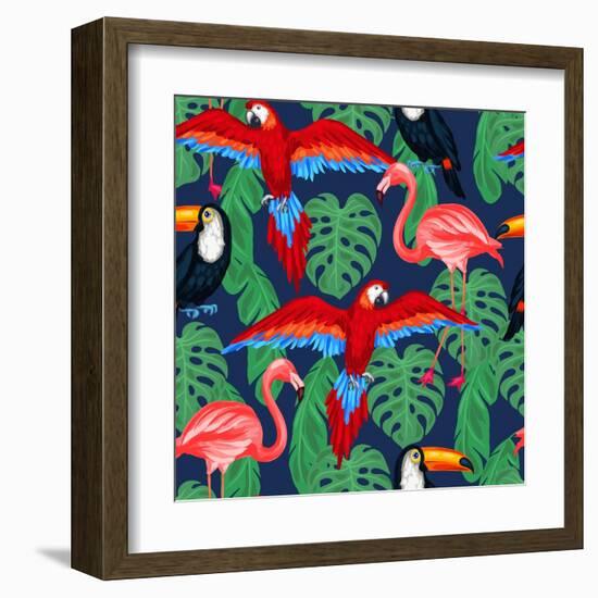 Tropical Birds Seamless Pattern with Palm Leaves-incomible-Framed Art Print