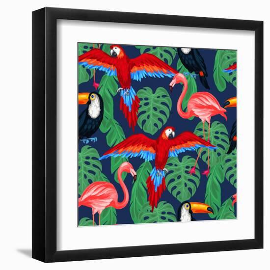 Tropical Birds Seamless Pattern with Palm Leaves-incomible-Framed Art Print