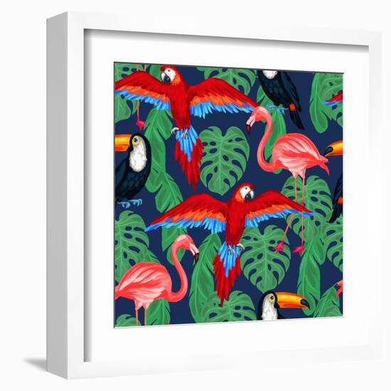 Tropical Birds Seamless Pattern with Palm Leaves-incomible-Framed Art Print