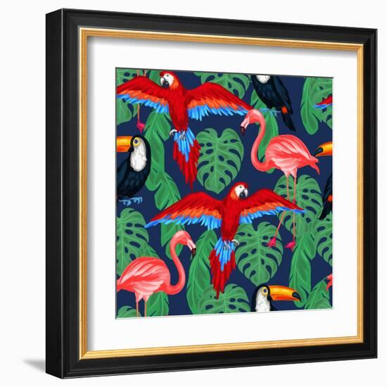 Tropical Birds Seamless Pattern with Palm Leaves-incomible-Framed Art Print