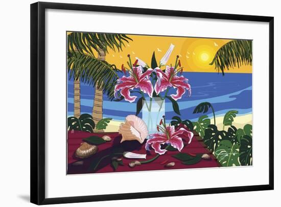 Tropical Bouquet With Sea Shells-Cindy Wider-Framed Giclee Print