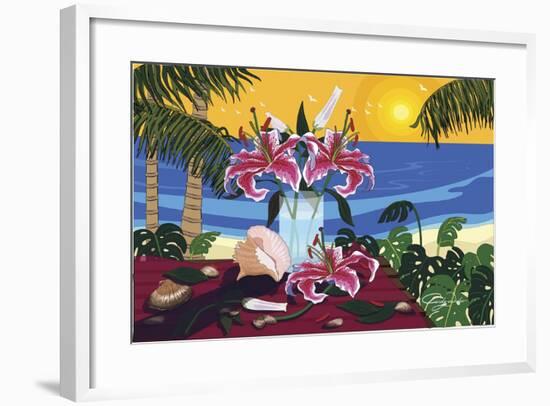 Tropical Bouquet With Sea Shells-Cindy Wider-Framed Giclee Print