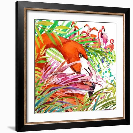 Tropical Exotic Forest, Green Leaves, Wildlife, Bird Flamingo Watercolor Illustration. Watercolor B-Faenkova Elena-Framed Art Print