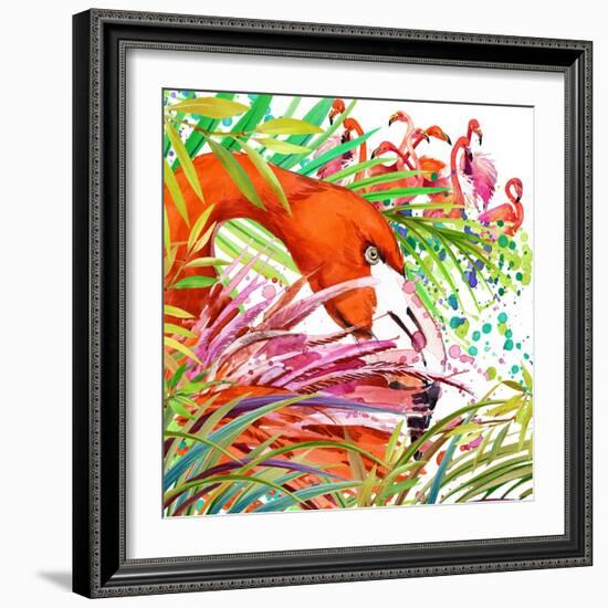 Tropical Exotic Forest, Green Leaves, Wildlife, Bird Flamingo Watercolor Illustration. Watercolor B-Faenkova Elena-Framed Premium Giclee Print