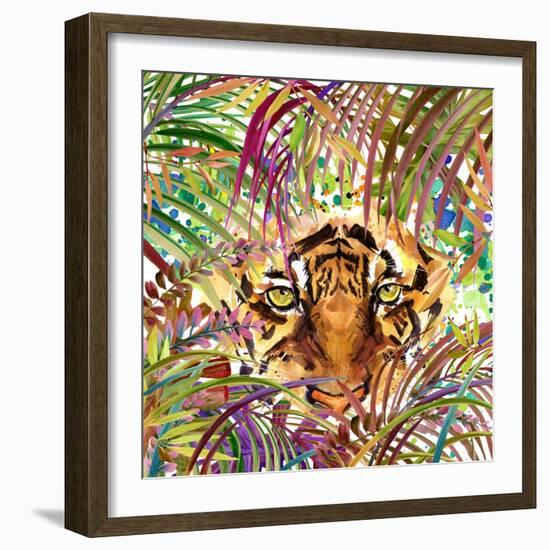 Tropical Exotic Forest, Tiger, Green Leaves, Wildlife, Watercolor Illustration. Watercolor Backgrou-Faenkova Elena-Framed Premium Giclee Print