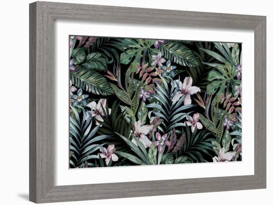 Tropical Floral Print. Variety of Jungle and Island Flowers in Bouquets in a Dark Exotic Print. All-rosapompelmo-Framed Art Print
