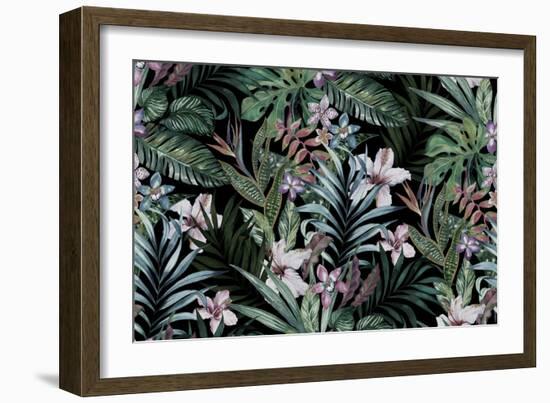 Tropical Floral Print. Variety of Jungle and Island Flowers in Bouquets in a Dark Exotic Print. All-rosapompelmo-Framed Art Print