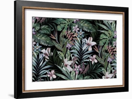 Tropical Floral Print. Variety of Jungle and Island Flowers in Bouquets in a Dark Exotic Print. All-rosapompelmo-Framed Art Print