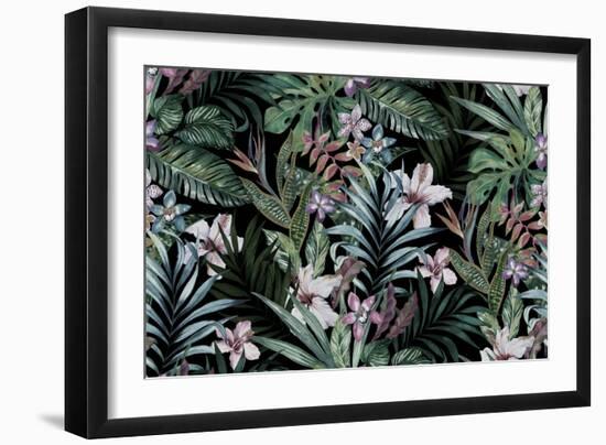 Tropical Floral Print. Variety of Jungle and Island Flowers in Bouquets in a Dark Exotic Print. All-rosapompelmo-Framed Art Print