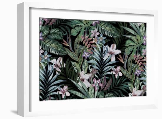 Tropical Floral Print. Variety of Jungle and Island Flowers in Bouquets in a Dark Exotic Print. All-rosapompelmo-Framed Art Print