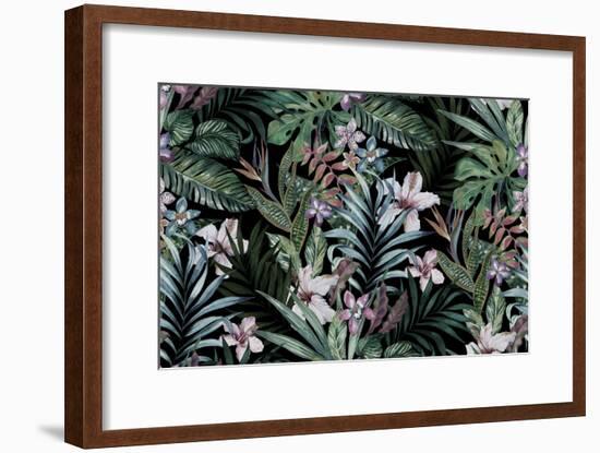 Tropical Floral Print. Variety of Jungle and Island Flowers in Bouquets in a Dark Exotic Print. All-rosapompelmo-Framed Art Print