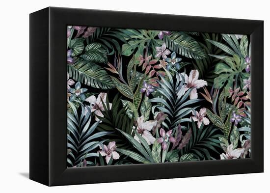 Tropical Floral Print. Variety of Jungle and Island Flowers in Bouquets in a Dark Exotic Print. All-rosapompelmo-Framed Stretched Canvas