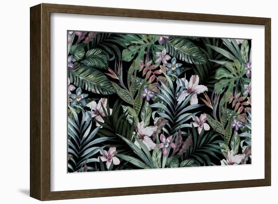 Tropical Floral Print. Variety of Jungle and Island Flowers in Bouquets in a Dark Exotic Print. All-rosapompelmo-Framed Premium Giclee Print