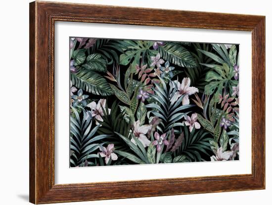 Tropical Floral Print. Variety of Jungle and Island Flowers in Bouquets in a Dark Exotic Print. All-rosapompelmo-Framed Premium Giclee Print